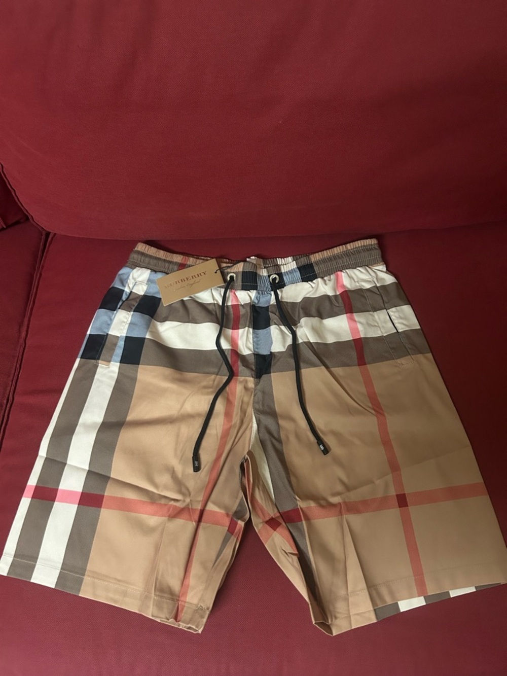 Burberry Beige Plaid Swim Shorts with Black Drawstring